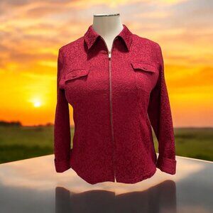 Women's Red Floral Textured Jacket Sz XL Casual Classic Stylish Party Zip-Up